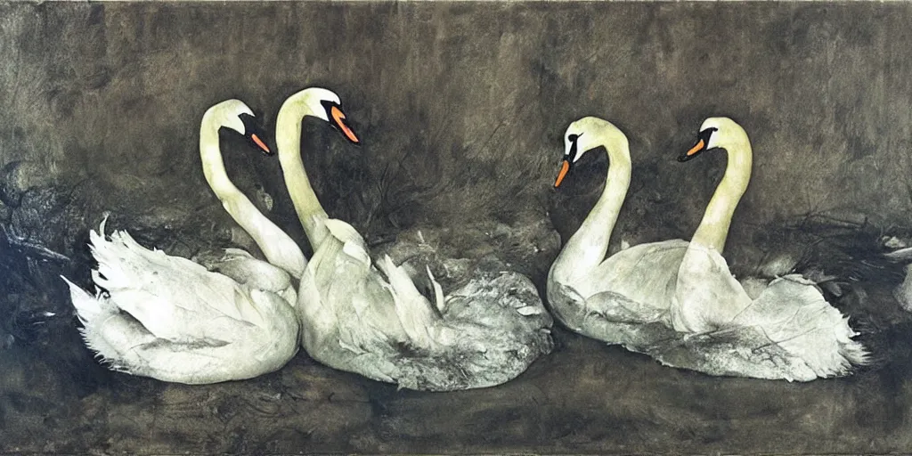 Image similar to three swans,all mixed together, melted. feathers. dark atmosphere, dark space. messy image. by andrew wyeth, jenny saville and nicola samori