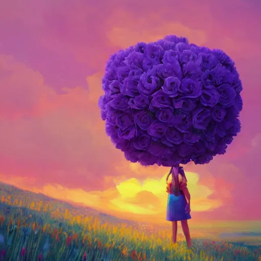 Image similar to girl with a giant carnation head, surreal photography, flower field, sunset dramatic light, impressionist painting, colorful clouds, blue sky, digital painting, artstation, simon stalenhag