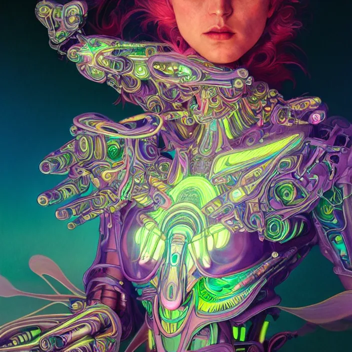 Prompt: bright psychedelic portrait of organic cyborg, wings, volumetric smoke, diffuse lighting, fantasy, intricate, elegant, highly detailed, lifelike, photorealistic, digital painting, artstation, illustration, concept art, smooth, sharp focus, art by John Collier and Albert Aublet and Krenz Cushart and Artem Demura and Alphonse Mucha