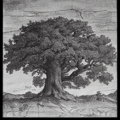 Prompt: oak tree on top of a grasslands hill, logo, pencil drawing, black and white, sharp lines, detailed, by albrecht durer, centered, symmetrical