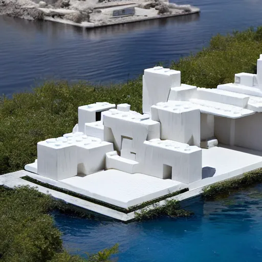 Image similar to habitat 6 7, white lego architect building in the dessert, many plants and infinite pool