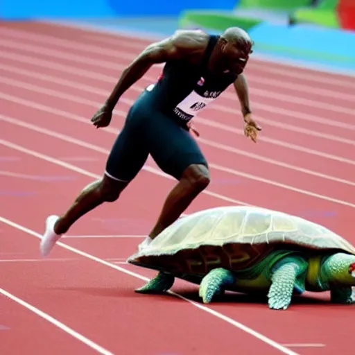 Prompt: A turtle beating men in the final of the 100m at the olympic games