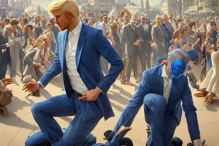 Image similar to a blond man in a blue suit wounded and kneeling surrounded by a crowd, intricate, elegant, ultra realistic illustration, highly detailed, digital painting, artstation, concept art, smooth, sharp focus, illustration, art by artgerm and greg rutkowski and alphonse mucha