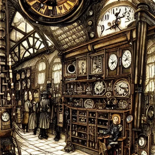 prompthunt: interior of a steampunk clock shop, father time, wooden  grandfather clocks everywhere, realistic, very intricate masterpiece by  arthur rackham