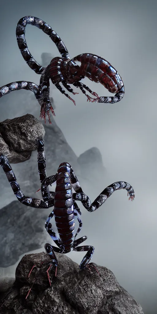 Prompt: professional photo shot of a cybernetic scolopendra made of silica crystal, rocks in the background, surrounded by of fog, grimy, gritty, trending on artstation, award winning, close shot, by aleks labuda and barry webb