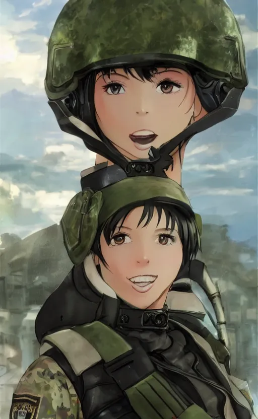 Image similar to smiling girl, left eye is closed, trading card front, future soldier clothing, future combat gear, realistic anatomy, concept art, professional, by ufotable anime studio, green screen, volumetric lights, stunning, military camp in the background, metal hard surfaces, focus on generate the face