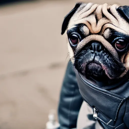 Image similar to pug in a leather jacket smoking a cigarette