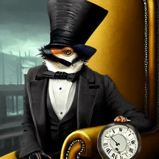 Prompt: oil painting of grumpy rich steampunk penguin, sitting in fancy chair, wearing top hat, holding gold watch, steampunk factory background, sharp focus, fantasy style, octane render, volumetric lighting, 8k high definition, by greg rutkowski, highly detailed, trending on art Station, magic the gathering artwork, centered, deviantart,