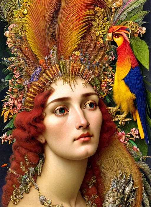 Image similar to hyperrealistic detailed face portrait of the beautiful goddess of the golden pheasants with an intricate headgear of golden pheasant, red berries, leaves, field flowers, pears, apples, art by ernst haeckel, john william godward, android jones, alphonso mucha, h. r. giger, gothic - cyberpunk, ornamental, beautiful deep colours,