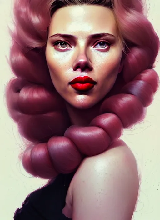 Image similar to highly detailed portrait of scarlett johanson with scarlet lips making a pogchamp face, poggers, photographic realistic background, ringlet hair by atey ghailan, by greg rutkowski, by greg tocchini, by james gilleard, by joe fenton, by kaethe butcher, gradient pink, black, cream and white color scheme, trending in instagram, award winning details