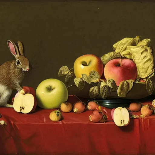 Prompt: a still life painting of various types of fruit and a dead rabbit on top of a wooden table with two mice eating an apple under the table, painting in the style of the dutch school, painting by melchior d'hondecoeter