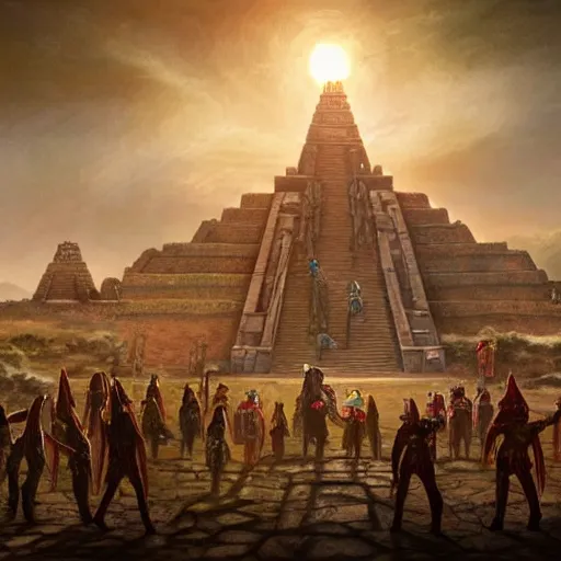 Prompt: Aztec priests meeting godlike aliens in an ancient Aztec temple. A spaceship is looming in the sky. 8K Highly detailed epic sci-fi fantasy artwork by Sylvain Lorgeou. Trending on artstation