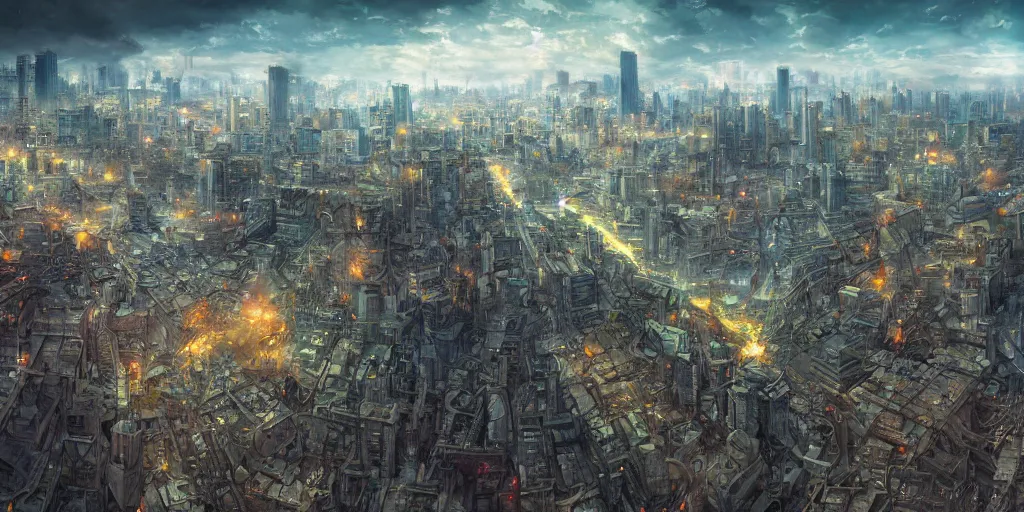 an aerial view of tokyo after a zombie apocalypse, by, Stable Diffusion