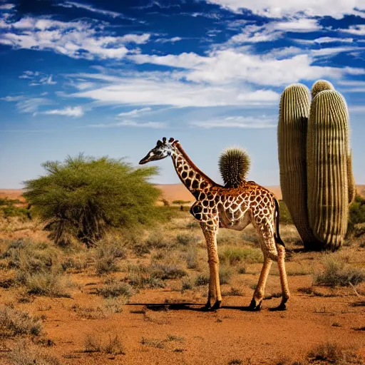 Prompt: giraffe grazing in the arid desert surrounded by cactus trees national geographic wild 400mm aspect ratio focal detailed proportional sky clouds safari magazine editorial animal planet