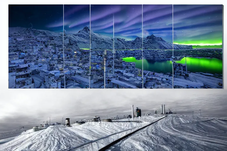 Image similar to favela winding cybernetic thrill ride, snowy arctic environment, industrial factory, bright, aurora borealis, award winning art, epic dreamlike fantasy landscape, ultra realistic,