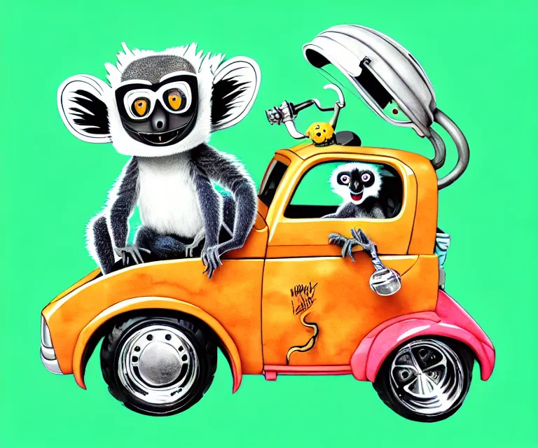 Image similar to cute and funny, lemur wearing a helmet riding in a tiny hot rod with oversized engine, ratfink style by ed roth, centered award winning watercolor pen illustration, isometric illustration by chihiro iwasaki, edited by beeple, tiny details by artgerm, symmetrically isometrically centered