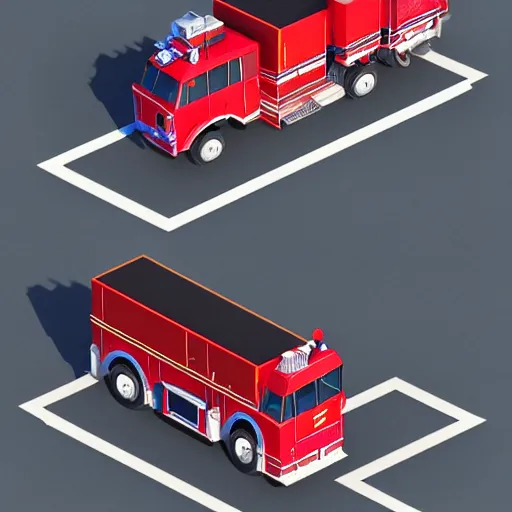 Prompt: isometric low poly render of a fire engine, concept art