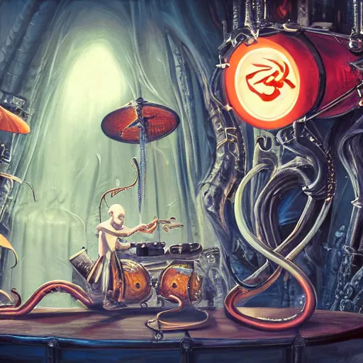 Image similar to reflected in sushi knife: fantasy steampunk Squid drummer with tentacles and frantically playing a big rock&roll drum set in the spotlight dystopian photorealistic, by Philipp A. Urlich and Pengzhen Zhang an Andreas Rocha, fantasy, intricate, elegant, highly detailed, digital painting, artstation, blender, unreal engine 5, octane render, smooth, sharp focus, illustration