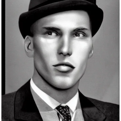 Image similar to A photograph portrait of Jerma985 wearing a suit with and fedora in the 1940s, taken in the early 1940s, grainy, taken on a 940s Kodak Camera, realistic, hyperrealistic, very realistic, highly detailed, very detailed, extremely detailed, detailed, digital art, trending on artstation