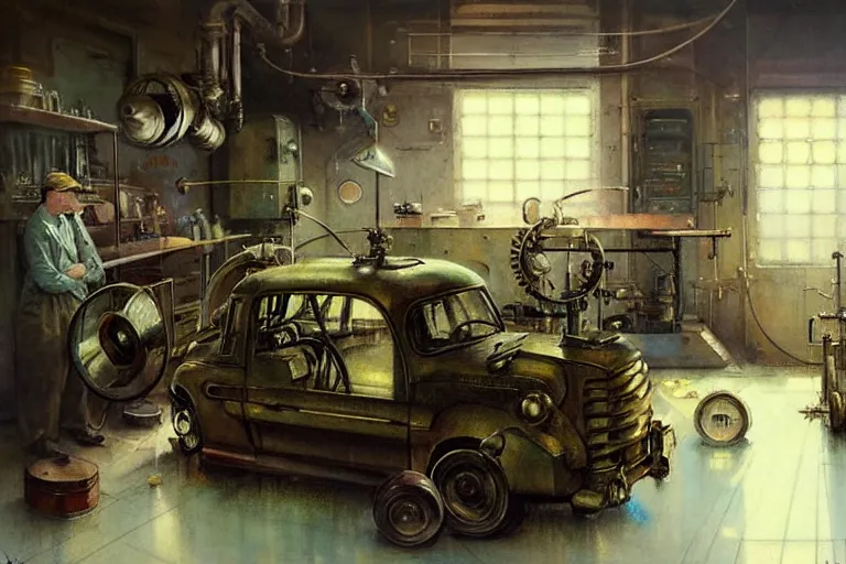 Image similar to ( ( ( ( ( 1 9 5 0 s retro science fiction mechanics shop interior scene. muted colors. ) ) ) ) ) by jean - baptiste monge!!!!!!!!!!!!!!!!!!!!!!!!!!!!!!