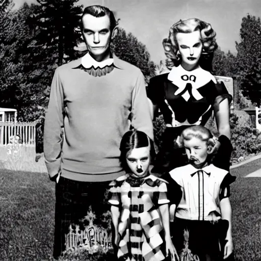 Prompt: Satanic States of America, alternate history, 1950s family, goth family, suburbia, suburban living, Stepford home, sitcom screenshot