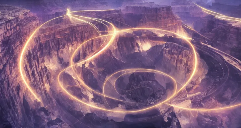 Prompt: night, people and a spiral - shaped white luminous attractor is floating in grand canyon, concept art, art for the game, professional lighting, art