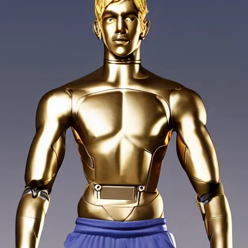 Image similar to a realistic detailed photo of a guy who is an attractive humanoid who is half robot and half humanoid, who is a male android, attractive and handsome soccer players, shiny skin, posing like a statue, blank stare, in a factory, on display, showing off his muscles, gold soccer shorts, side view, looking at each other mindlessly