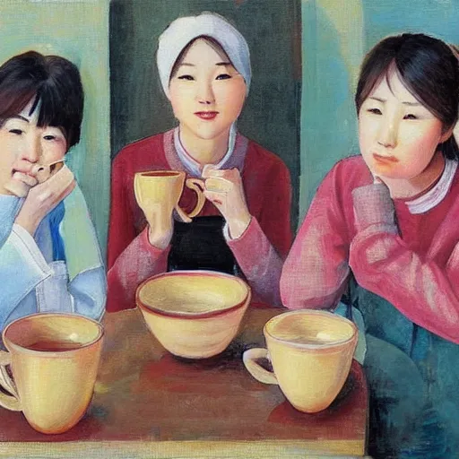 Image similar to a group of 4 people drinking coffee : korean girl, osetin girl, vyacheslav, ilya