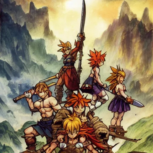 Prompt: crono stands atop a mountain of slain enemies as marle and ayla hug his legs, epic reimagining of chrono trigger by frank frazetta