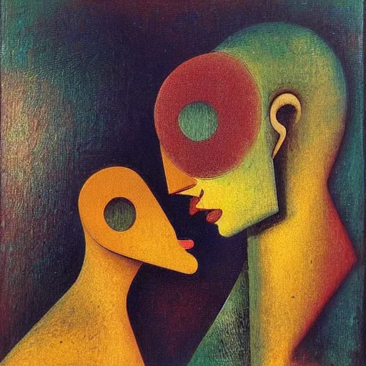 Image similar to Oil painting by Max Ernst. Strange mechanical beings kissing. Close-up portrait by Lisa Yuskavage. Paul Klee.