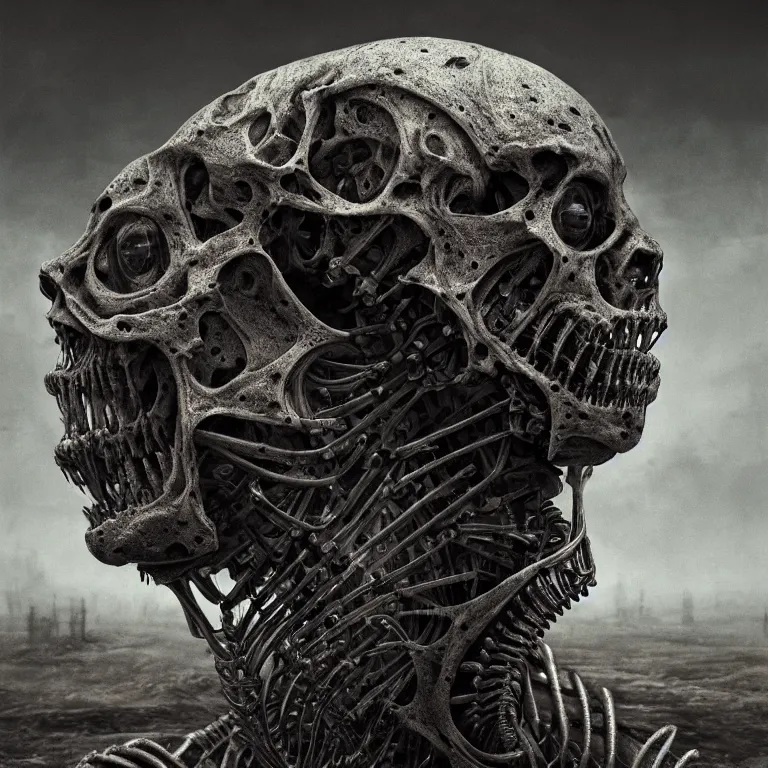Image similar to ribbed spinal robot face portrait, baroque painting, standing in a desolate empty wasteland, creepy, nightmare, dream-like heavy atmosphere, surreal abandoned buildings, beautiful detailed intricate insanely detailed octane render trending on Artstation, 8K artistic photography, photorealistic, chiaroscuro, Raphael, Caravaggio, Beksinski, Giger