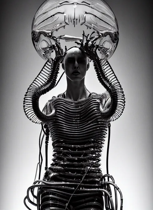 Image similar to walking down the catwalk, steven klein, show, stage, vogue photo, podium, fashion show photo, iris van herpen, beautiful woman, full body shot, masterpiece, inflateble shapes, alien, giger, plant predator, guyver, jellyfish, wires, veins, white biomechanical details, wearing epic bionic cyborg implants, highly detailed