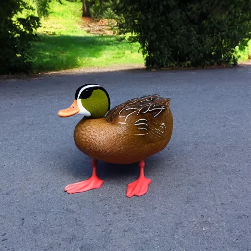 Prompt: duck in park, has skin of cabbage