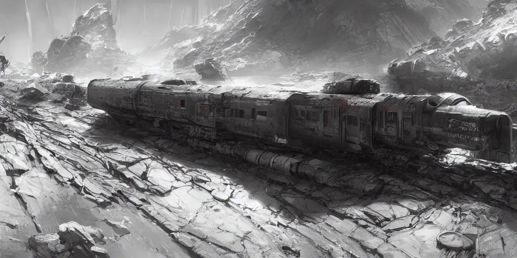 Image similar to ultra realistic illustration, an outdoor sci - fi outpost on the moon with an old broken train, lunar landscape, elegant, highly detailed, artstation, concept art, smooth, sharp focus, moody, dramatic lighting, art by wadim kashin