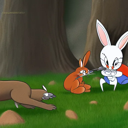 Prompt: bugs bunny being stalked and eaten by a mountain lion, digital art, 4k