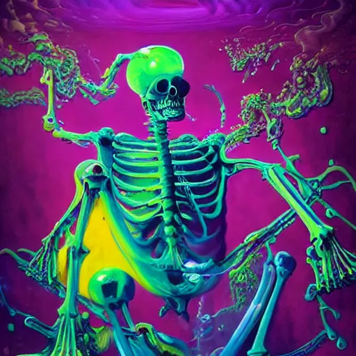 Image similar to jelly rococo gel skeleton vaping plasma and colorful auras, liquid, drippy, splashing, scifi 3 d paint spray by beeple, rob gonsalves, jeff koons, jacek yerka, m. c. escher