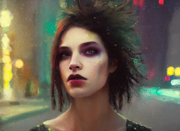 Image similar to detailed portrait of a punk girl with green eyes in the city street at night, bokeh, long exposure, painting by jeremy lipking christopher doyle