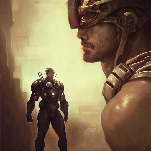 Image similar to handsome portrait of a spartan guy bodybuilder posing, radiant light, caustics, war hero, metal gear solid, ghost in the shell, by gaston bussiere, bayard wu, greg rutkowski, giger, maxim verehin