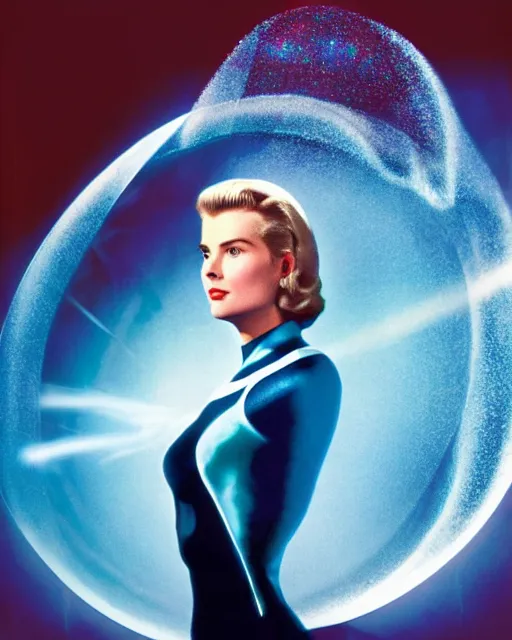 Image similar to Grace Kelly, Starring as Sue Storm in the new Fantastic Four Movie, Projects an iridescent giant force field bubble around her body, Color Movie Still Photograph, Hyper Real, Volumetric Smoke, Sparks, Atmospheric