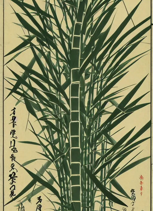 Image similar to fantasy scientific botanical illustration of a giant bamboo that grows like a nervous system, Ukiyo-e, isometric