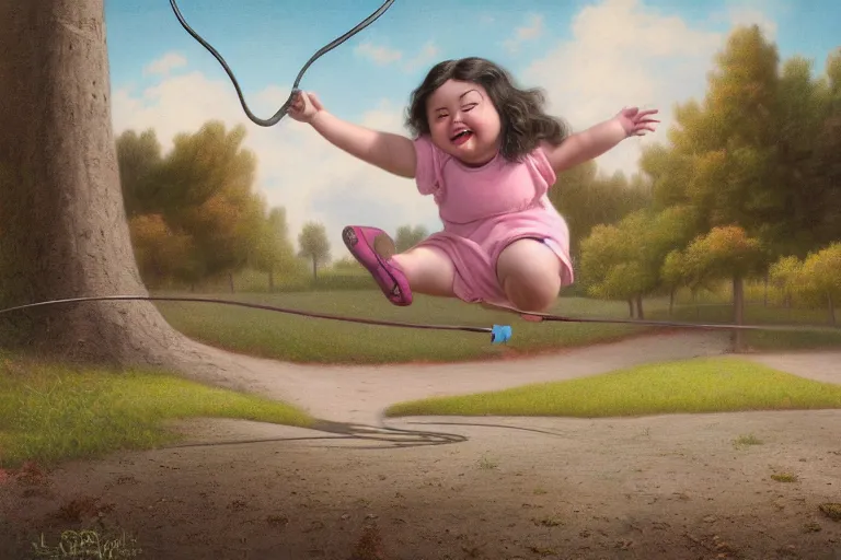 Prompt: highly detailed matte painting of a happy chubby little girl jumping rope, by mark ryden, lowbrow, 8 k resolution.