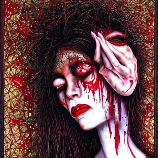 Prompt: a hyperrealistic painting of a beautiful gothic princess crying tears of blood, by Chris Mars, vivid color, highly detailed,