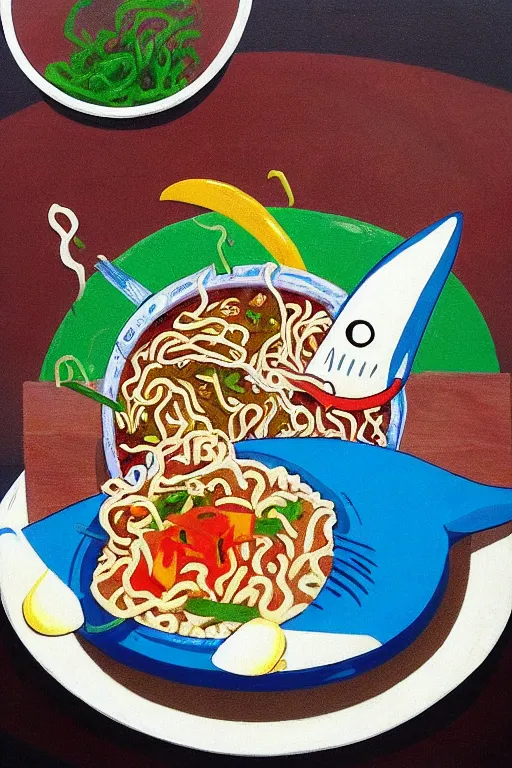 Image similar to a colorful shark eating ramen by leo lionni