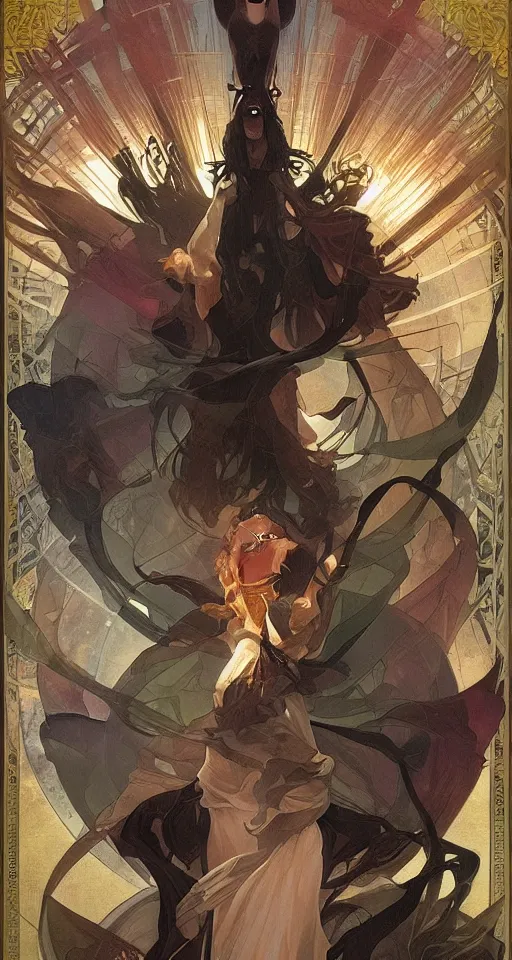 Image similar to the star tarot card, elegant, dramatic lighting, graphic art, volumetric lighting, sharp focus, detailled, by Krenz Cushart and Artem Demura and Alphonse Mucha