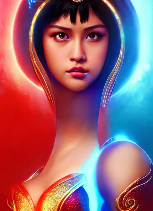 Image similar to liza soberano as darna, wax figure, glowing eyes, volumetric lights, red and cyan theme, art nouveau botanicals, intricate, highly detailed, digital painting, artstation, concept art, smooth, sharp focus, cinematic, illustration, beautiful face, art by artgerm and greg rutkowski and alphonse mucha