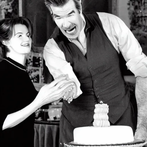 Prompt: pierce brosnan forcing a skinny woman to eat a massive amount of cake