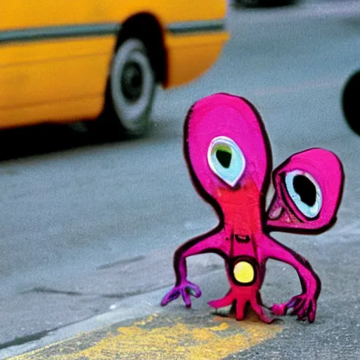 Image similar to colourful, friendly, happy, flowery, existential alien from the movie alien at a bus stop in new york, 3 5 mm lens.