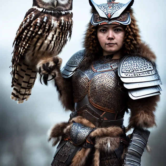 Image similar to full body photo of a beautiful cute strong warrior queen wearing owl armour, highly detailed, 8 k, hdr, smooth, sharp focus, high resolution, award - winning photo