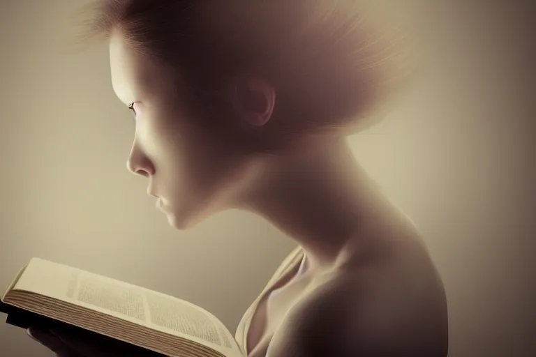 Image similar to an ultra realistic, cinematic, headshot portrait, of a girl reading a book, facial features, detailed, deep focus, movie still, dramatic lighting, ray tracing, by michal karcz and yoshitaka amano