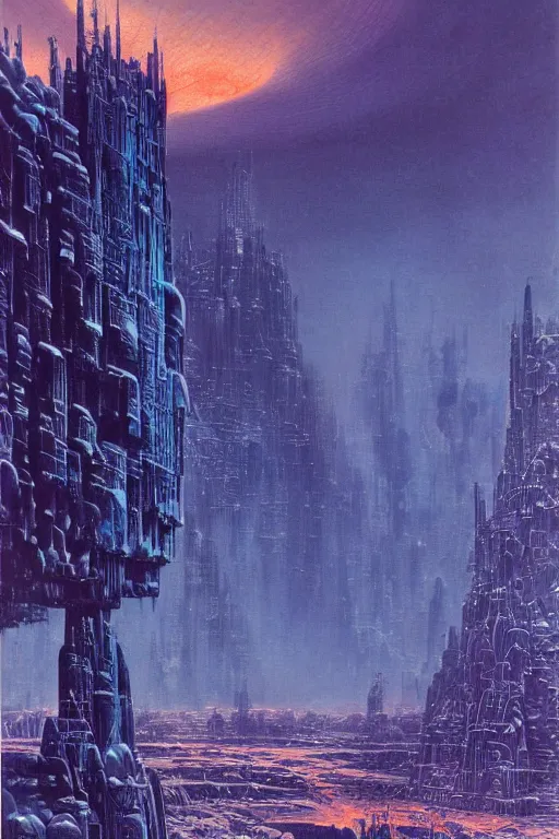 Image similar to a city in an icy landscape, cosmic sky sci - fi vivid by bruce pennington
